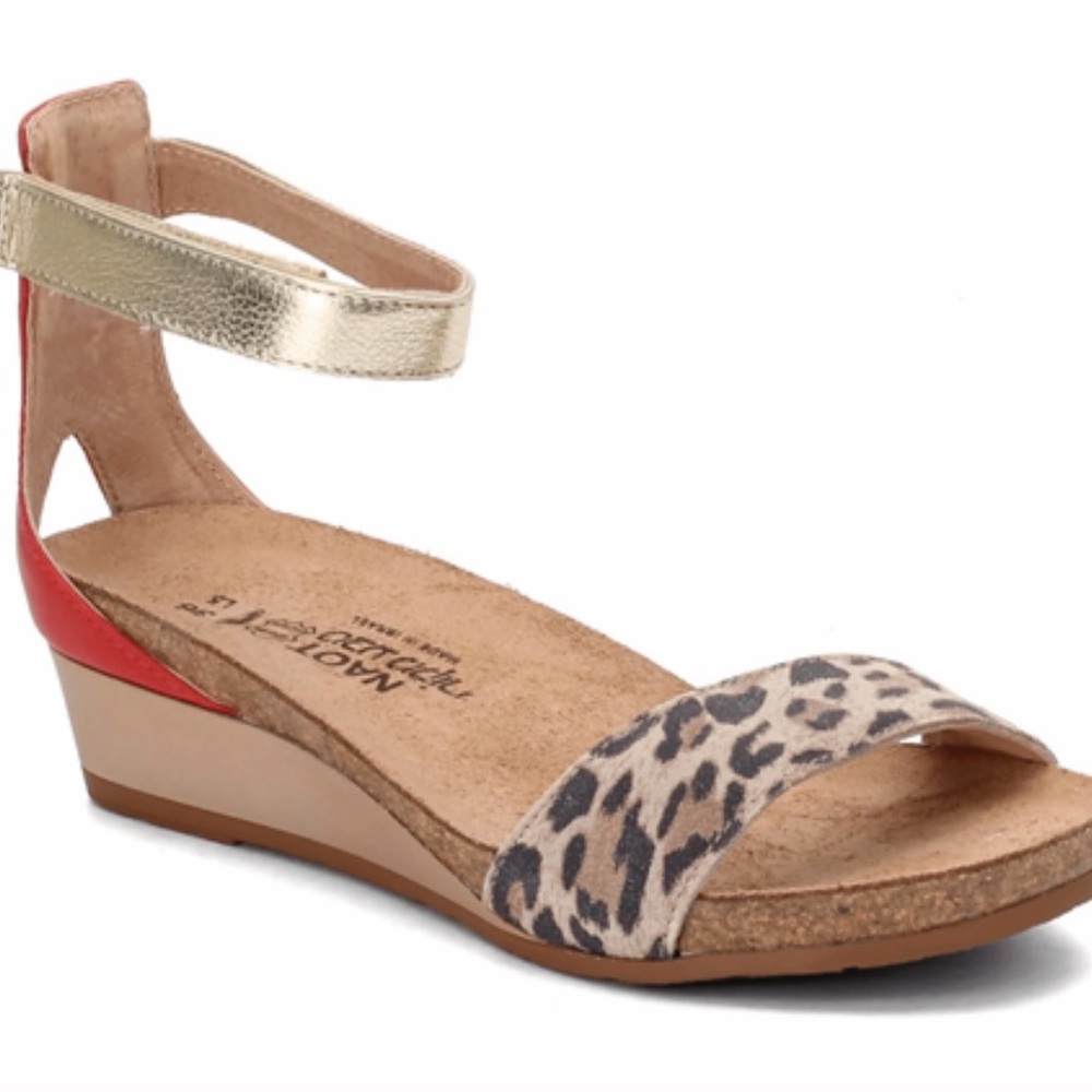 Naot Leopard-Print Wedge Sandal with Gold Ankle Strap and Red Heel Accent